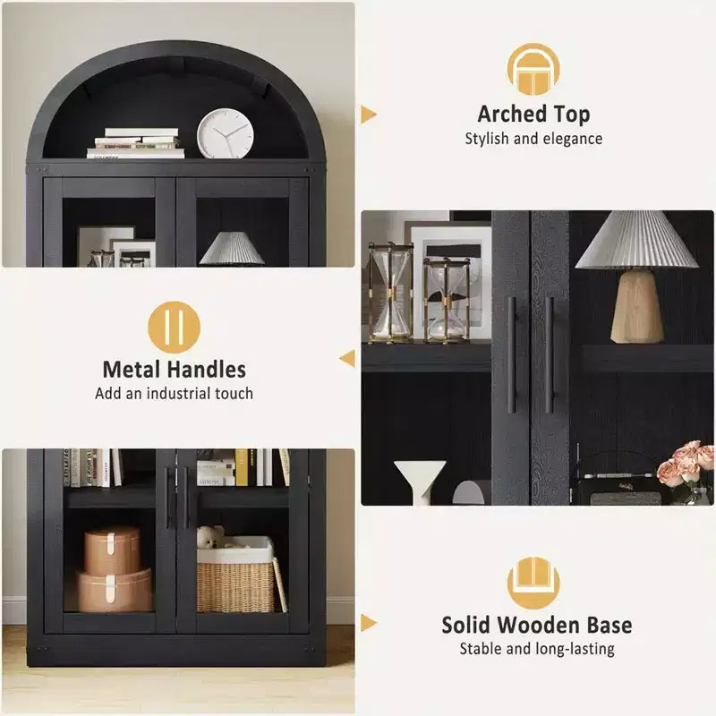 Coolmee Arched Bookshelf with Doors, Farmhouse Display Storage Shelves, 71.4in Tall Wooden Rounded Bookcases for Living Room, Kitchen, Office