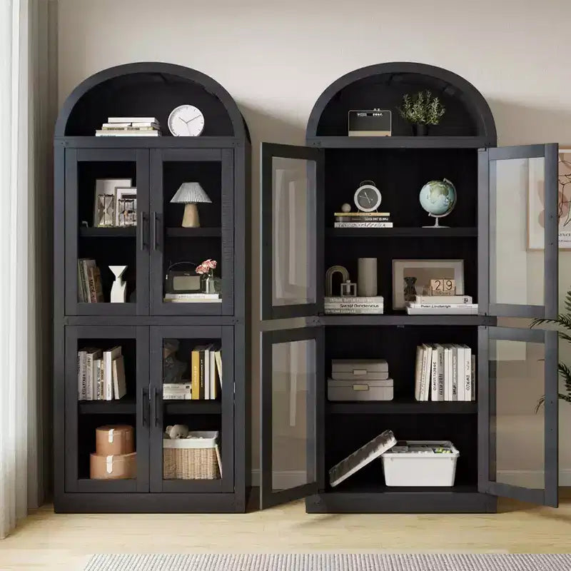 Coolmee Arched Bookshelf with Doors, Farmhouse Display Storage Shelves, 71.4in Tall Wooden Rounded Bookcases for Living Room, Kitchen, Office