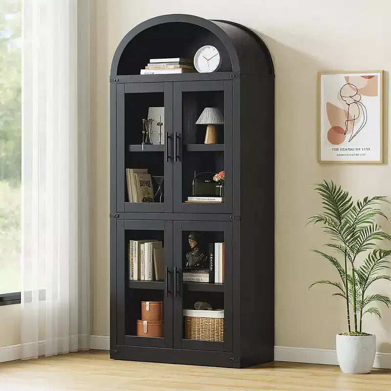 Coolmee Arched Bookshelf with Doors, Farmhouse Display Storage Shelves, 71.4in Tall Wooden Rounded Bookcases for Living Room, Kitchen, Office