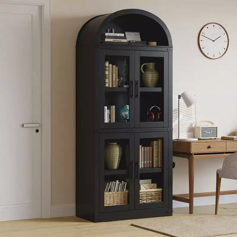 Coolmee Arched Bookshelf with Doors, Farmhouse Display Storage Shelves, 71.4in Tall Wooden Rounded Bookcases for Living Room, Kitchen, Office