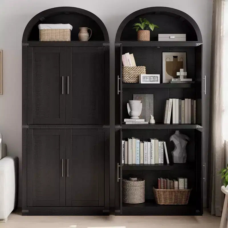 Coolmee Arched Bookshelf with Doors, Farmhouse Display Storage Shelves, 71.4in Tall Wooden Rounded Bookcases for Living Room, Kitchen, Office