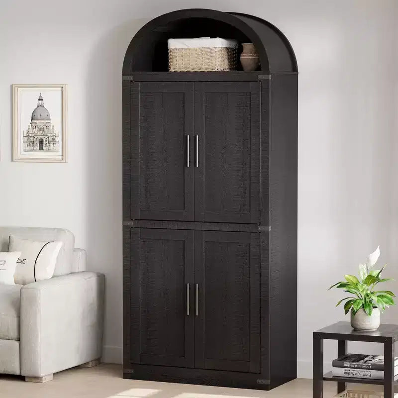Coolmee Arched Bookshelf with Doors, Farmhouse Display Storage Shelves, 71.4in Tall Wooden Rounded Bookcases for Living Room, Kitchen, Office