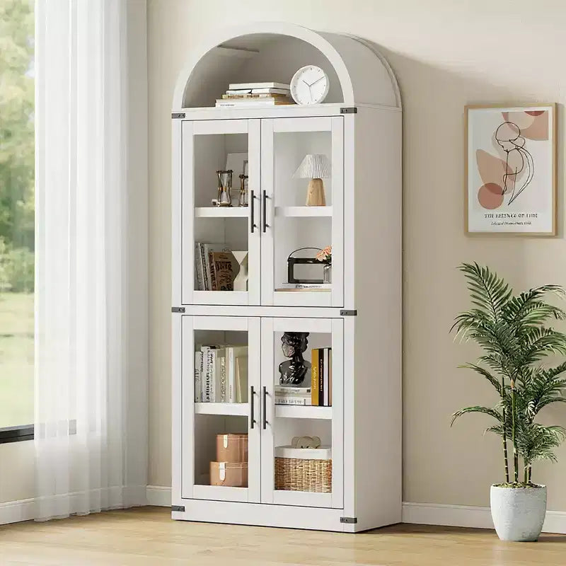 Coolmee Arched Bookshelf with Doors, Farmhouse Display Storage Shelves, 71.4in Tall Wooden Rounded Bookcases for Living Room, Kitchen, Office