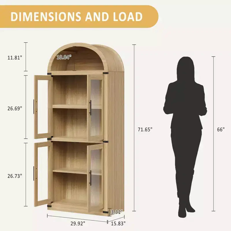 Coolmee Arched Bookshelf with Doors, Farmhouse Display Storage Shelves, 71.4in Tall Wooden Rounded Bookcases for Living Room, Kitchen, Office