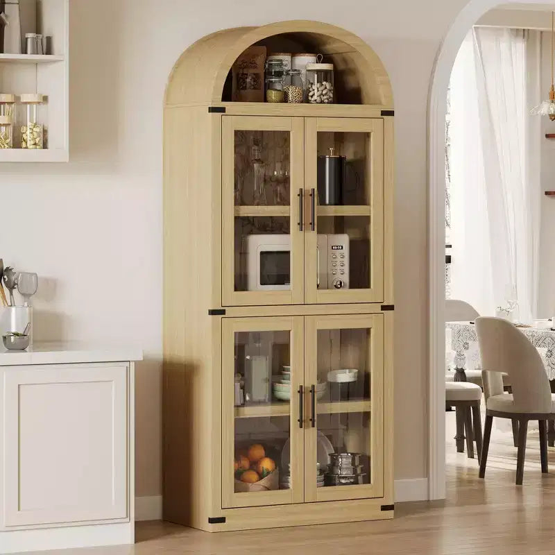 Coolmee Arched Bookshelf with Doors, Farmhouse Display Storage Shelves, 71.4in Tall Wooden Rounded Bookcases for Living Room, Kitchen, Office