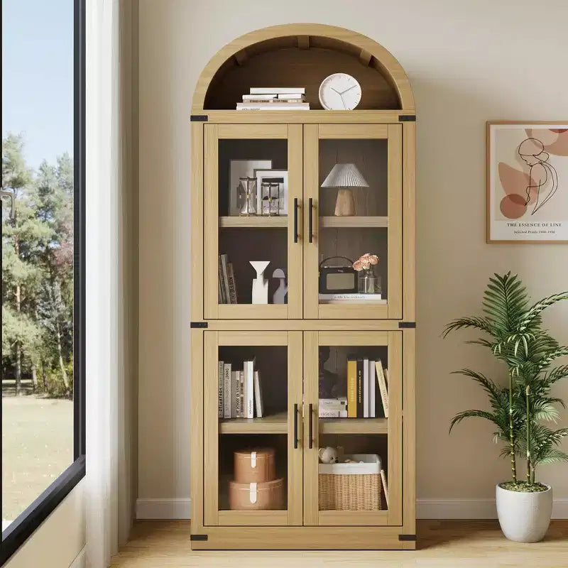 Coolmee Arched Bookshelf with Doors, Farmhouse Display Storage Shelves, 71.4in Tall Wooden Rounded Bookcases for Living Room, Kitchen, Office
