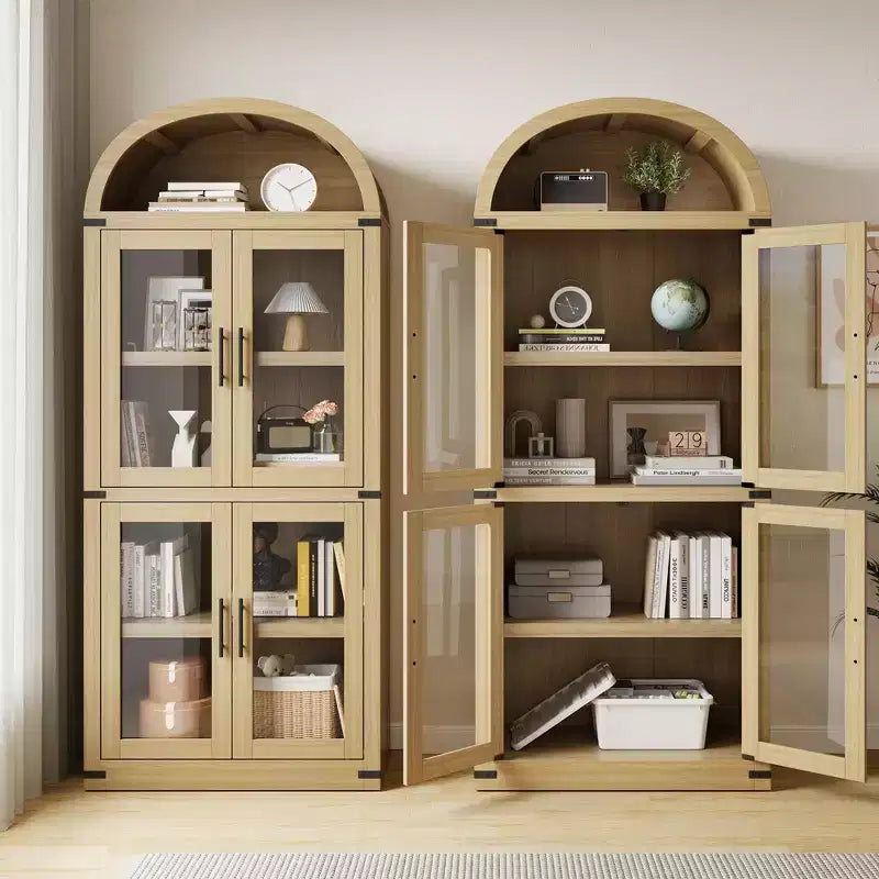 Coolmee Arched Bookshelf with Doors, Farmhouse Display Storage Shelves, 71.4in Tall Wooden Rounded Bookcases for Living Room, Kitchen, Office