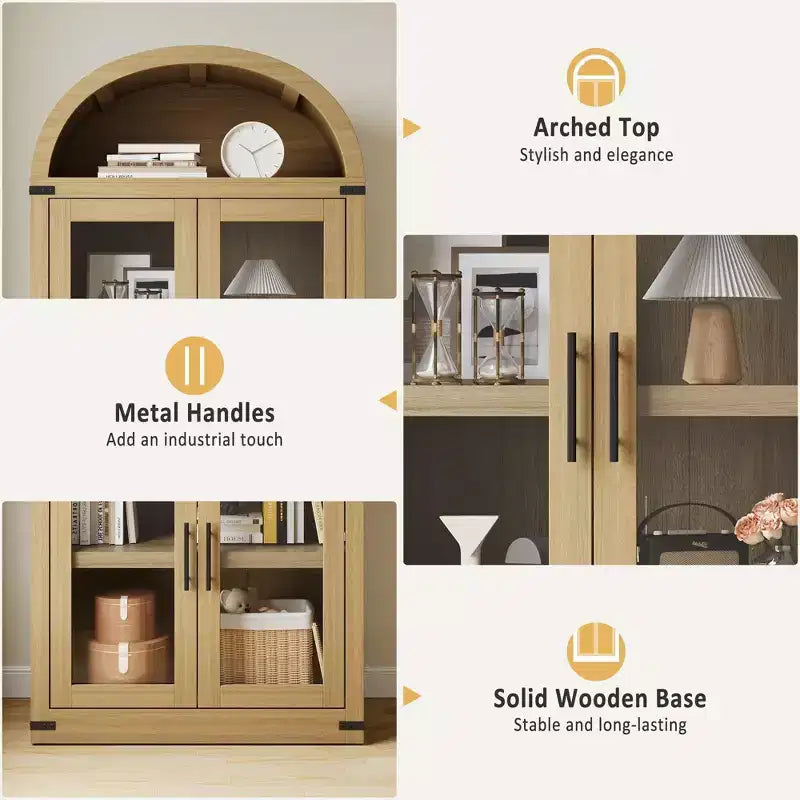 Coolmee Arched Bookshelf with Doors, Farmhouse Display Storage Shelves, 71.4in Tall Wooden Rounded Bookcases for Living Room, Kitchen, Office