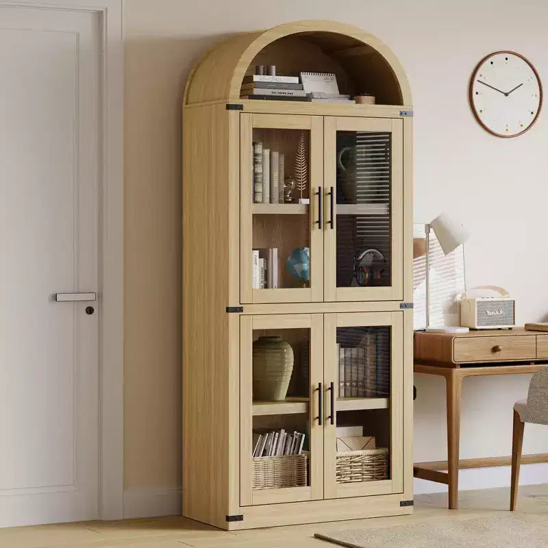 Coolmee Arched Bookshelf with Doors, Farmhouse Display Storage Shelves, 71.4in Tall Wooden Rounded Bookcases for Living Room, Kitchen, Office