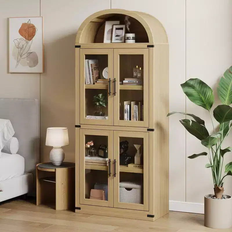 Coolmee Arched Bookshelf with Doors, Farmhouse Display Storage Shelves, 71.4in Tall Wooden Rounded Bookcases for Living Room, Kitchen, Office
