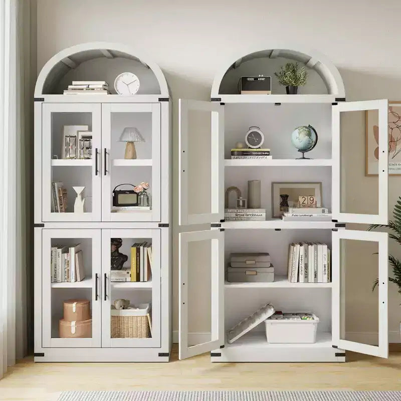 Coolmee Arched Bookshelf with Doors, Farmhouse Display Storage Shelves, 71.4in Tall Wooden Rounded Bookcases for Living Room, Kitchen, Office