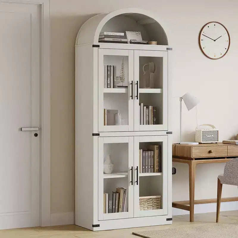 Coolmee Arched Bookshelf with Doors, Farmhouse Display Storage Shelves, 71.4in Tall Wooden Rounded Bookcases for Living Room, Kitchen, Office