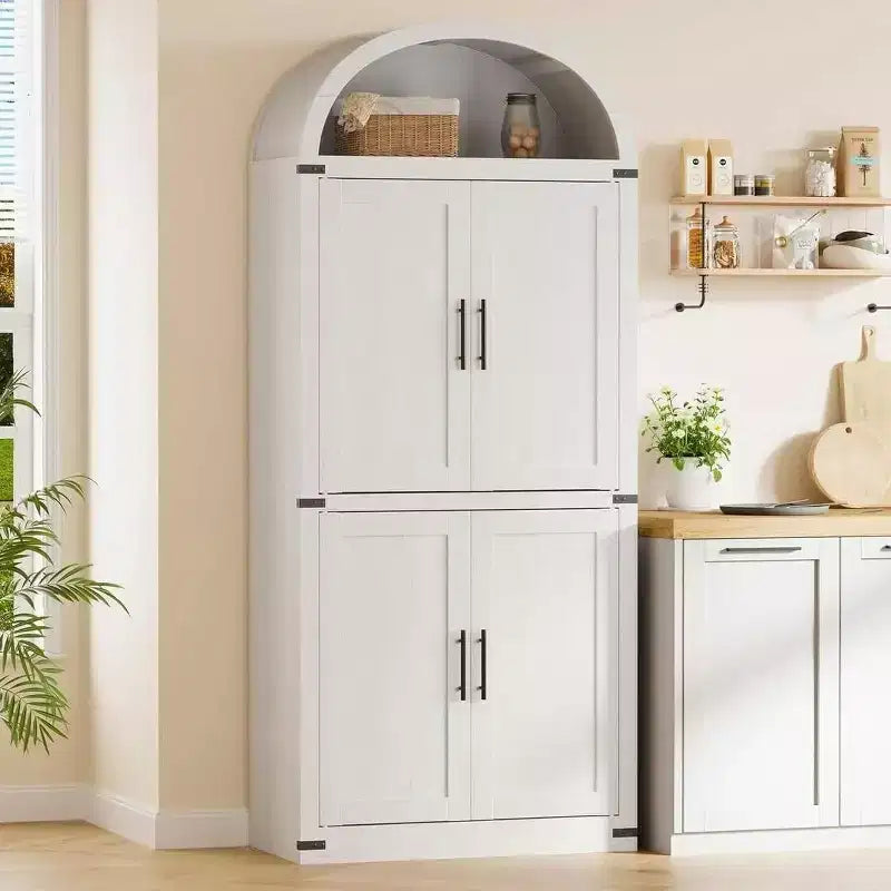 Coolmee Arched Bookshelf with Doors, Farmhouse Display Storage Shelves, 71.4in Tall Wooden Rounded Bookcases for Living Room, Kitchen, Office