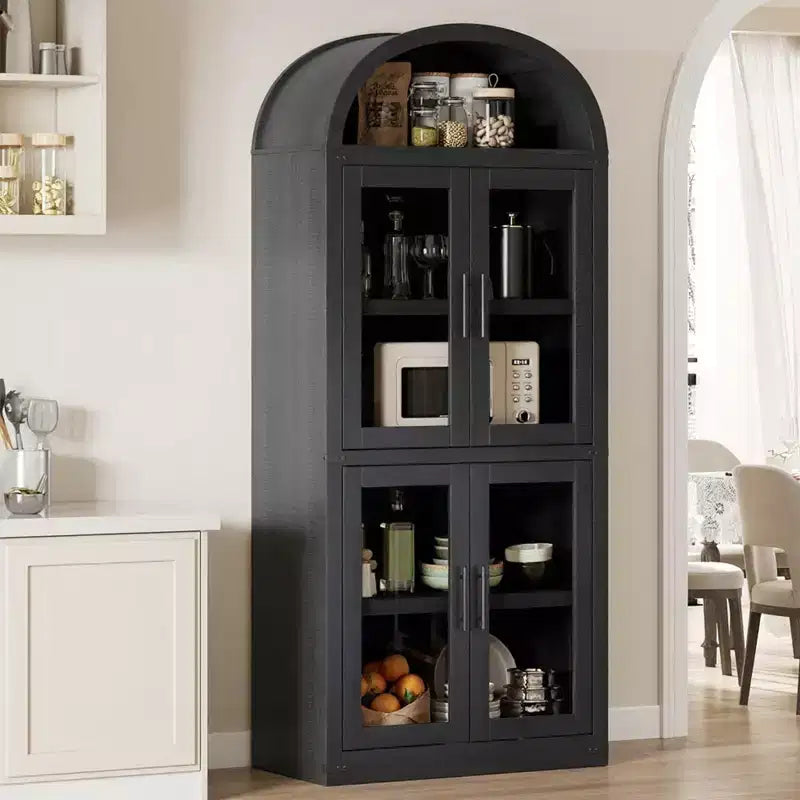 Coolmee Arched Bookshelf with Doors, Farmhouse Display Storage Shelves, 71.4in Tall Wooden Rounded Bookcases for Living Room, Kitchen, Office