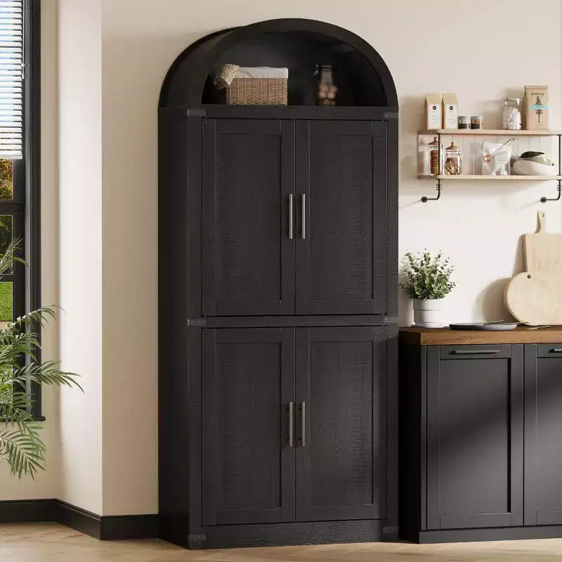 Coolmee Arched Bookshelf with Doors, Farmhouse Display Storage Shelves, 71.4in Tall Wooden Rounded Bookcases for Living Room, Kitchen, Office