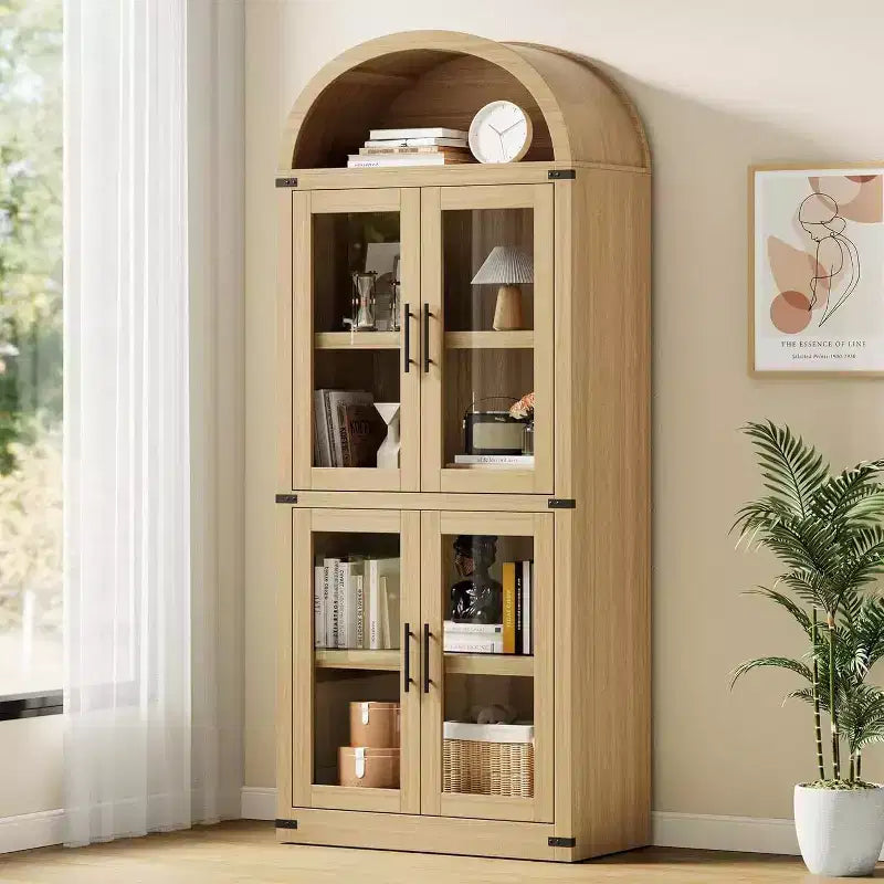 Coolmee Arched Bookshelf with Doors, Farmhouse Display Storage Shelves, 71.4in Tall Wooden Rounded Bookcases for Living Room, Kitchen, Office