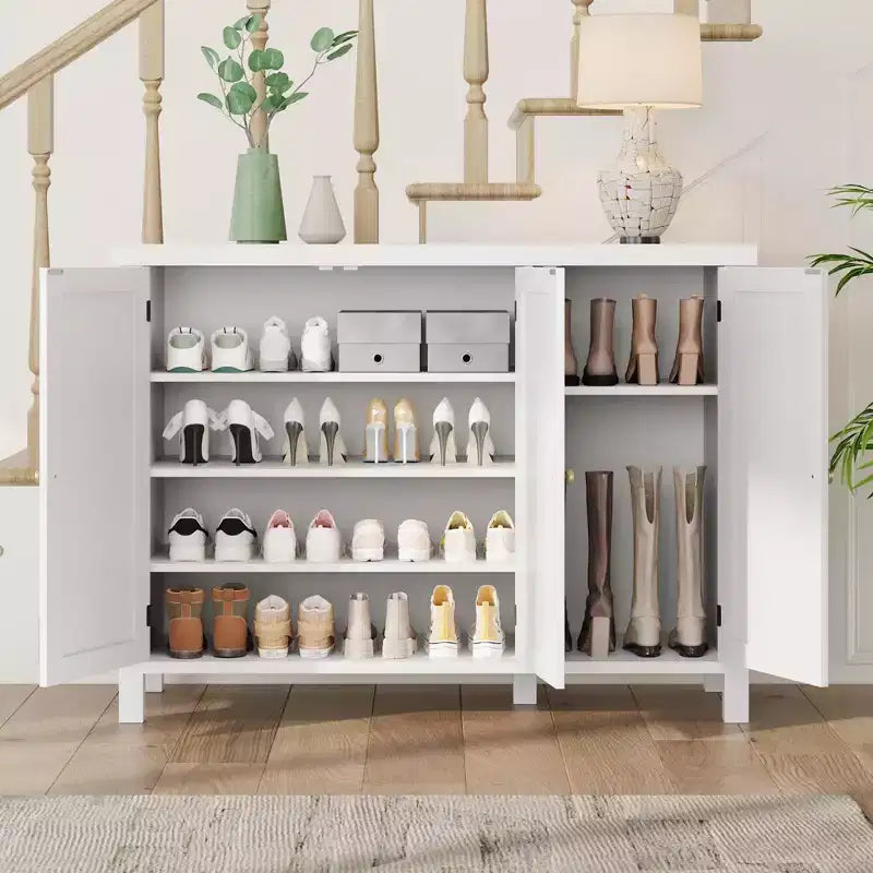 Coolmee 4-Tier Shoe Cabinet with Doors, Farmhouse 35'' Shoe Storage Cabinet for Entryway, Large Shoe Organizer Cabinet for Living Room Hallway