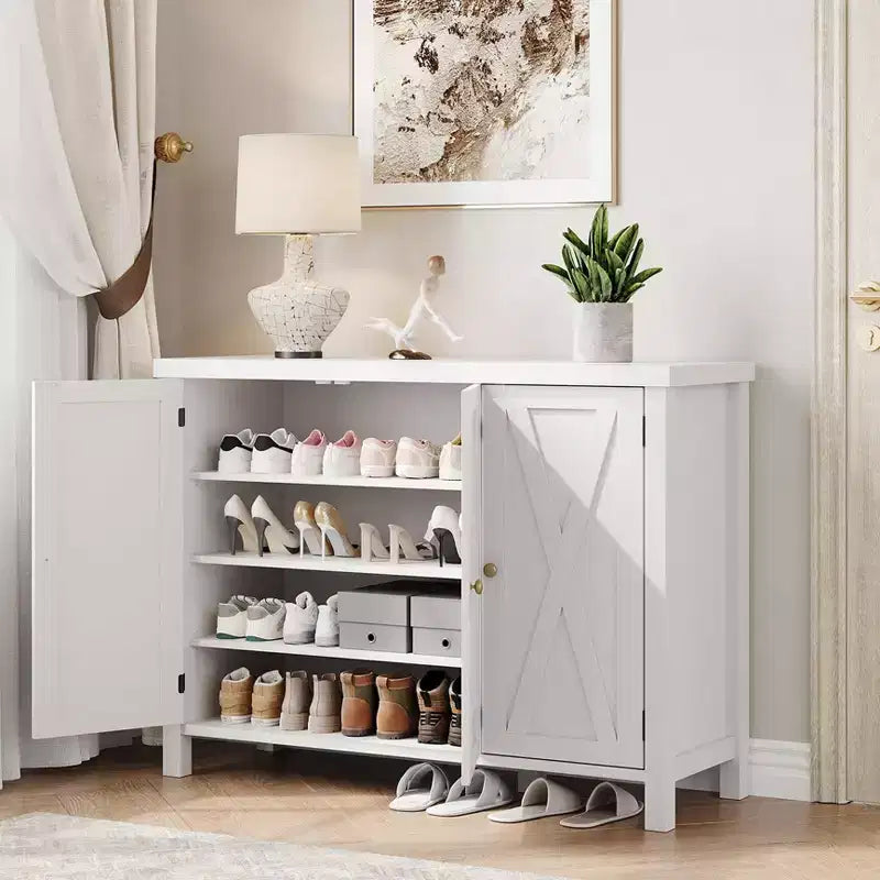 Coolmee 4-Tier Shoe Cabinet with Doors, Farmhouse 35'' Shoe Storage Cabinet for Entryway, Large Shoe Organizer Cabinet for Living Room Hallway