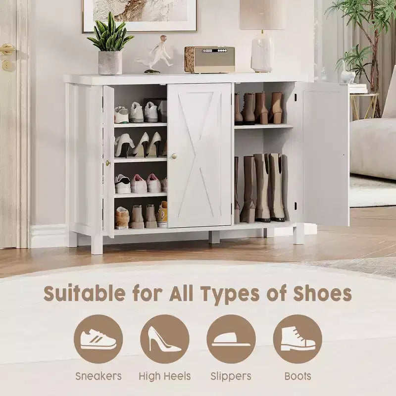 Coolmee 4-Tier Shoe Cabinet with Doors, Farmhouse 35'' Shoe Storage Cabinet for Entryway, Large Shoe Organizer Cabinet for Living Room Hallway