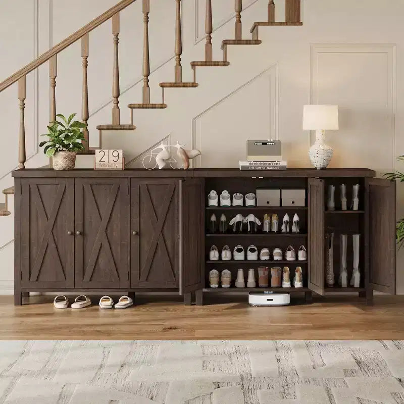 Coolmee 4-Tier Shoe Cabinet with Doors, Farmhouse 35'' Shoe Storage Cabinet for Entryway, Large Shoe Organizer Cabinet for Living Room Hallway