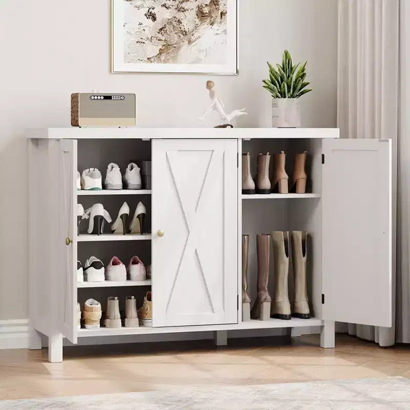 Coolmee 4-Tier Shoe Cabinet with Doors, Farmhouse 35'' Shoe Storage Cabinet for Entryway, Large Shoe Organizer Cabinet for Living Room Hallway