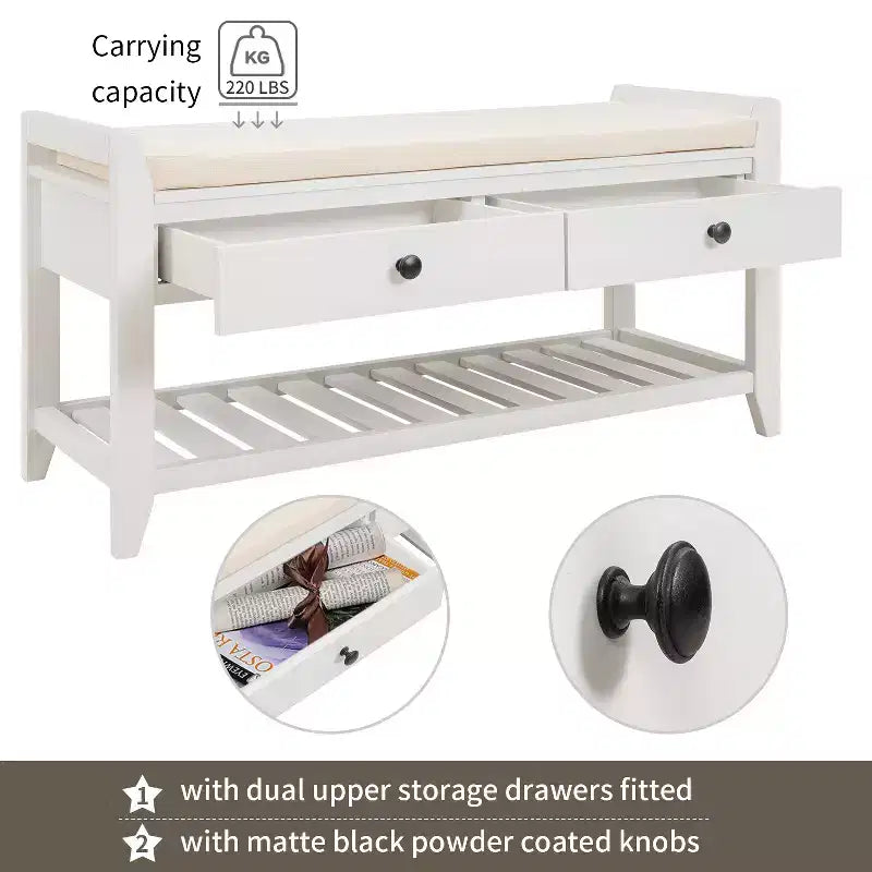 Entry Storage Bench Shoes Rack, 2 Drawers & Cushioned Seat, Living Room Entryway Hallway Foyer Shoe Bench, Bedroom End of Bed Bench