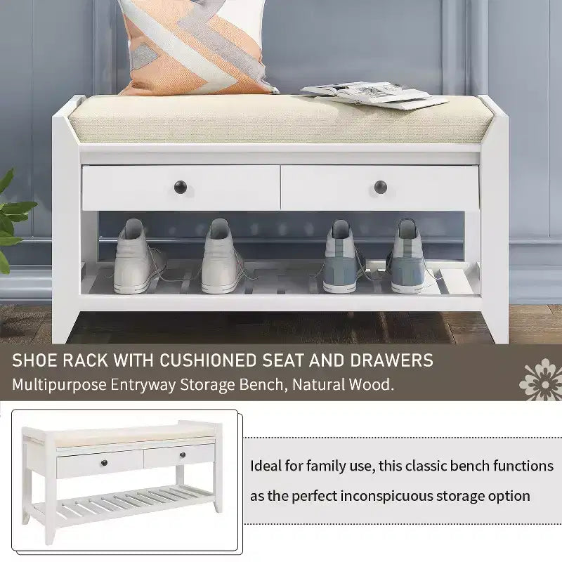 Entry Storage Bench Shoes Rack, 2 Drawers & Cushioned Seat, Living Room Entryway Hallway Foyer Shoe Bench, Bedroom End of Bed Bench