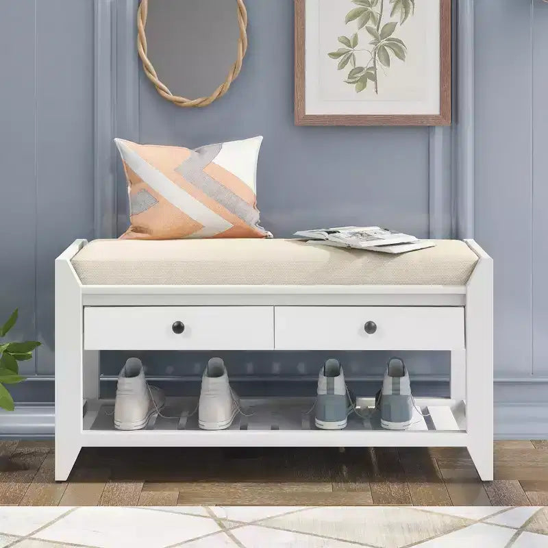 Entry Storage Bench Shoes Rack, 2 Drawers & Cushioned Seat, Living Room Entryway Hallway Foyer Shoe Bench, Bedroom End of Bed Bench