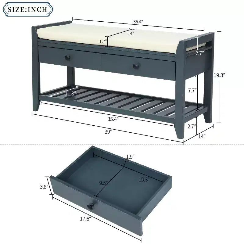 Entry Storage Bench Shoes Rack, 2 Drawers & Cushioned Seat, Living Room Entryway Hallway Foyer Shoe Bench, Bedroom End of Bed Bench