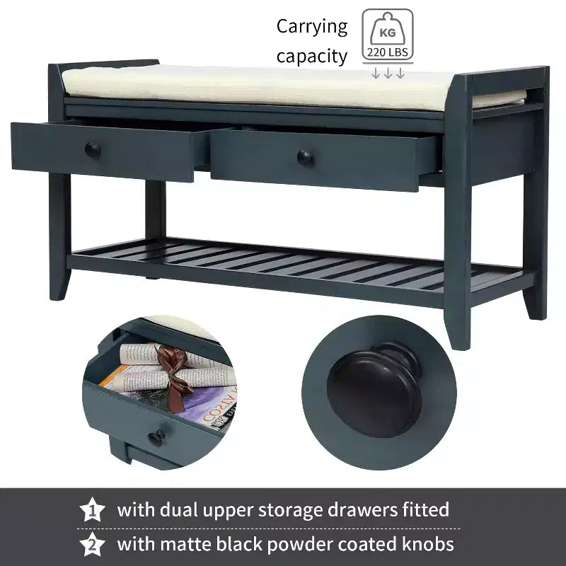 Entry Storage Bench Shoes Rack, 2 Drawers & Cushioned Seat, Living Room Entryway Hallway Foyer Shoe Bench, Bedroom End of Bed Bench