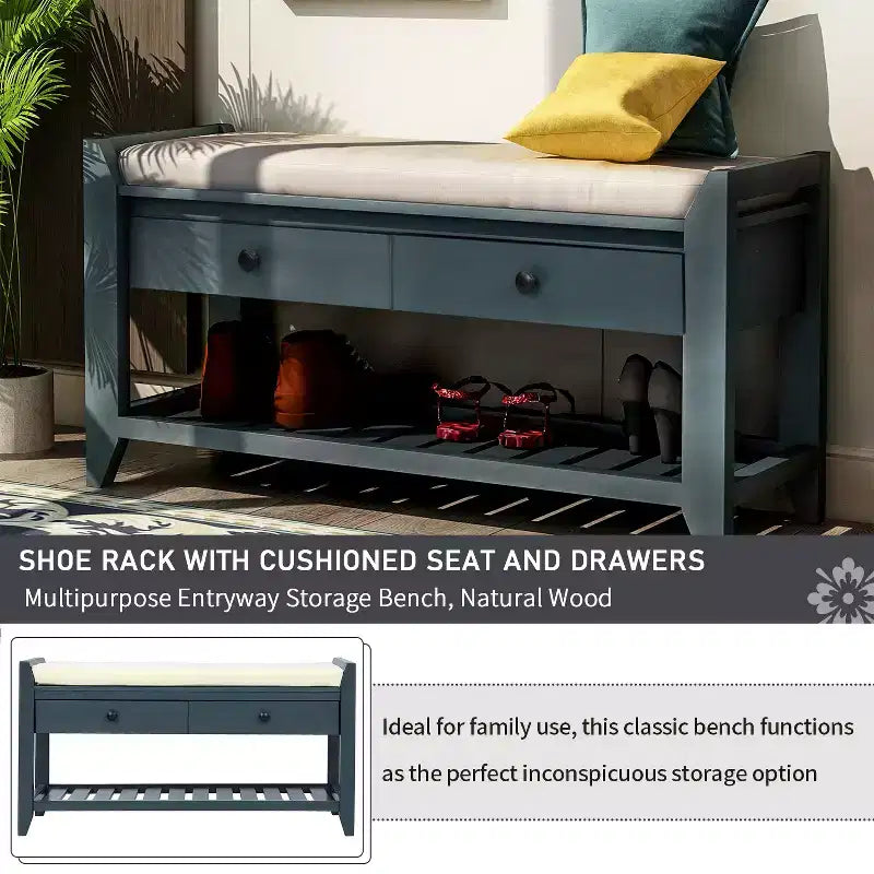 Entry Storage Bench Shoes Rack, 2 Drawers & Cushioned Seat, Living Room Entryway Hallway Foyer Shoe Bench, Bedroom End of Bed Bench
