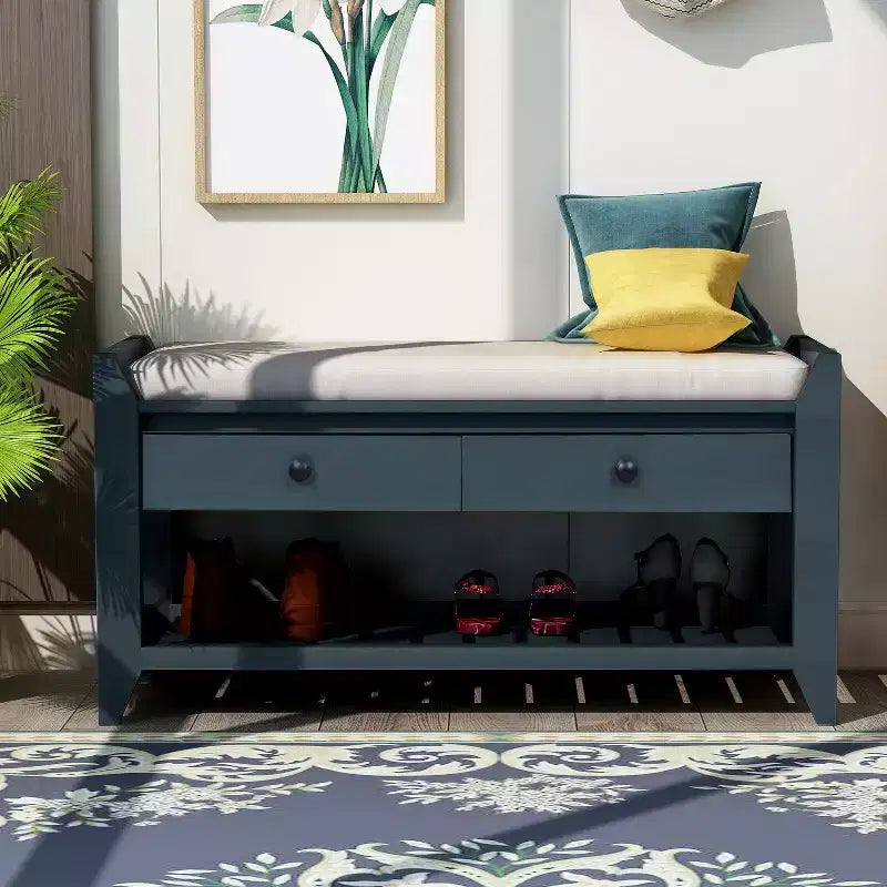 Entry Storage Bench Shoes Rack, 2 Drawers & Cushioned Seat, Living Room Entryway Hallway Foyer Shoe Bench, Bedroom End of Bed Bench