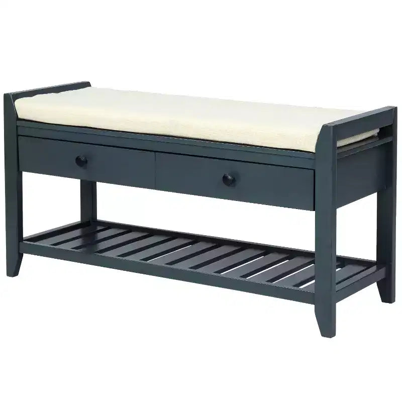 Entry Storage Bench Shoes Rack, 2 Drawers & Cushioned Seat, Living Room Entryway Hallway Foyer Shoe Bench, Bedroom End of Bed Bench