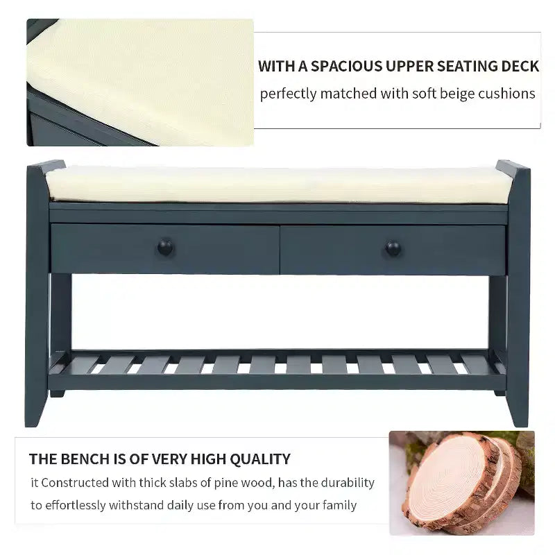 Entry Storage Bench Shoes Rack, 2 Drawers & Cushioned Seat, Living Room Entryway Hallway Foyer Shoe Bench, Bedroom End of Bed Bench