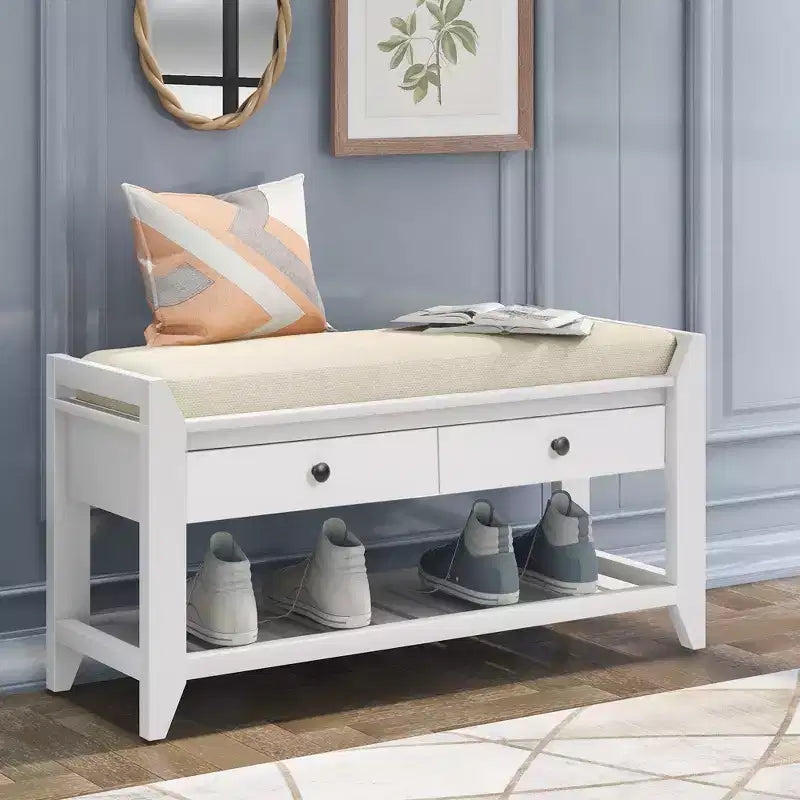 Entry Storage Bench Shoes Rack, 2 Drawers & Cushioned Seat, Living Room Entryway Hallway Foyer Shoe Bench, Bedroom End of Bed Bench