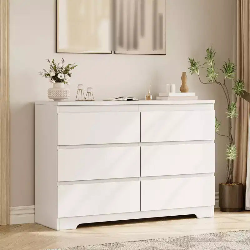 6 Drawer Dresser for Bedroom, 47.3'' Wide Wooden Chest of Drawers, Storage Dresser Organizer, Media Console Table for Living Room Hallway Entryway