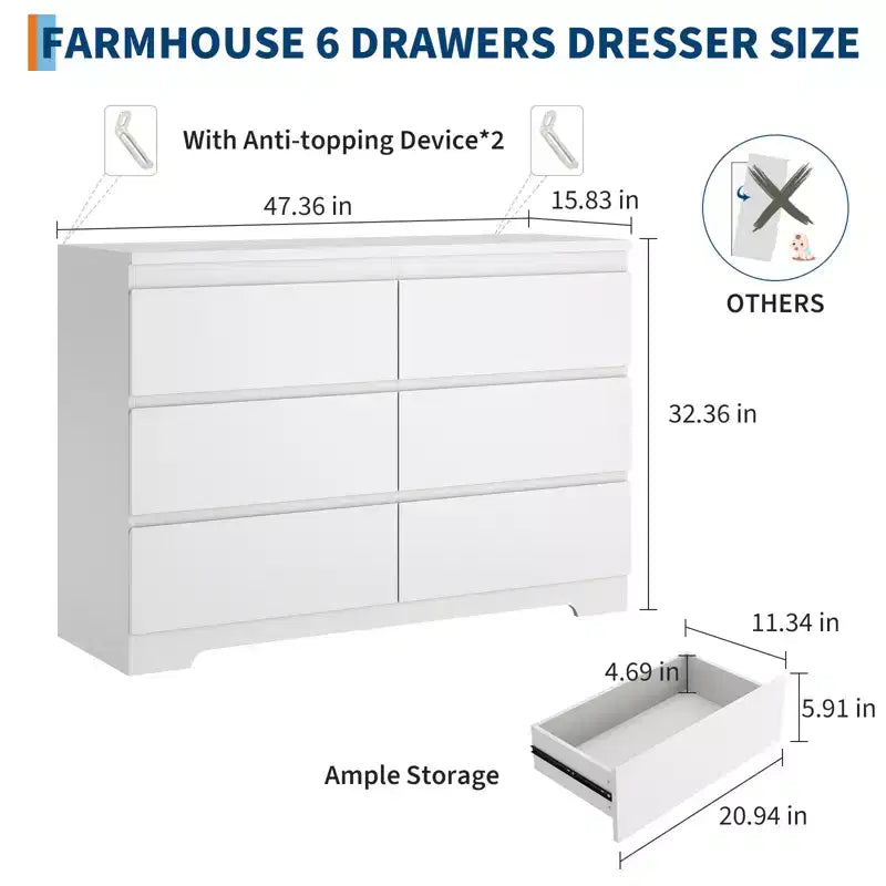 6 Drawer Dresser for Bedroom, 47.3'' Wide Wooden Chest of Drawers, Storage Dresser Organizer, Media Console Table for Living Room Hallway Entryway