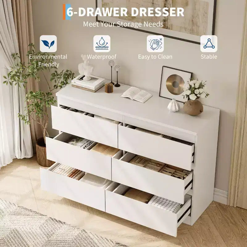 6 Drawer Dresser for Bedroom, 47.3'' Wide Wooden Chest of Drawers, Storage Dresser Organizer, Media Console Table for Living Room Hallway Entryway