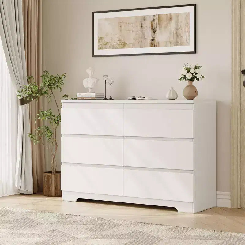 6 Drawer Dresser for Bedroom, 47.3'' Wide Wooden Chest of Drawers, Storage Dresser Organizer, Media Console Table for Living Room Hallway Entryway