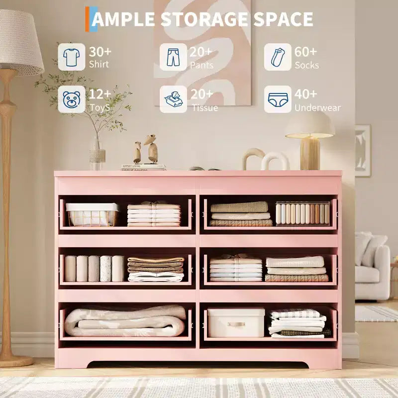 6 Drawer Dresser for Bedroom, 47.3'' Wide Wooden Chest of Drawers, Storage Dresser Organizer, Media Console Table for Living Room Hallway Entryway