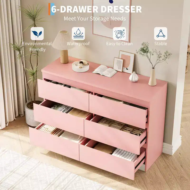 6 Drawer Dresser for Bedroom, 47.3'' Wide Wooden Chest of Drawers, Storage Dresser Organizer, Media Console Table for Living Room Hallway Entryway