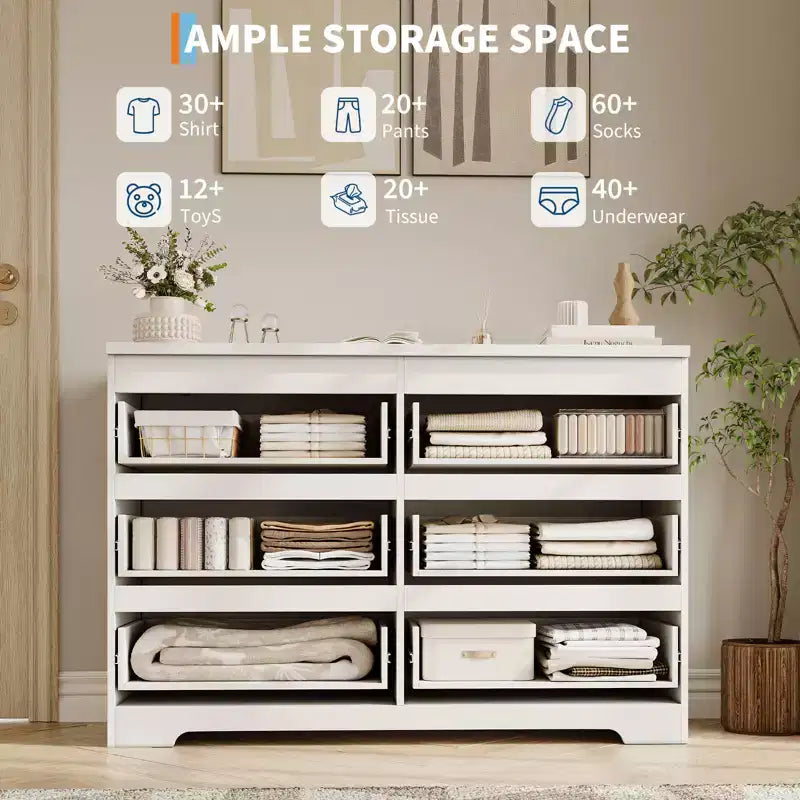 6 Drawer Dresser for Bedroom, 47.3'' Wide Wooden Chest of Drawers, Storage Dresser Organizer, Media Console Table for Living Room Hallway Entryway