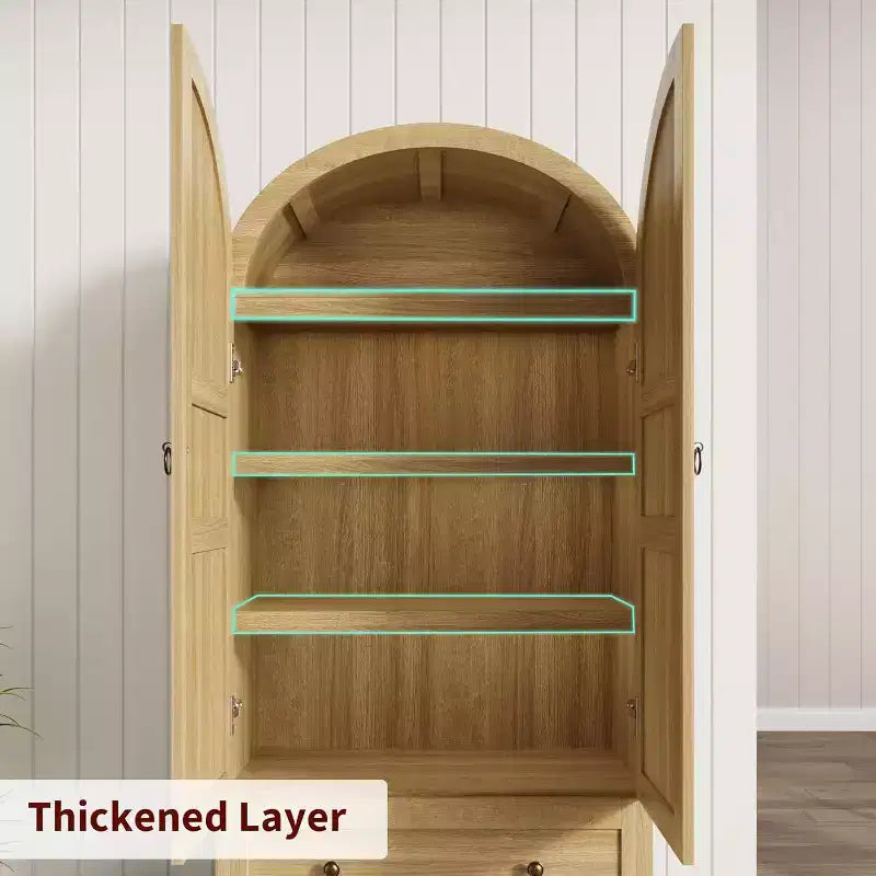 72 Tall Kitchen Pantry Cabinet with Wood/Glass Doors & Drawers, Wood Arch Storage Shelves, Farmhouse Freestanding Large Cupboard for Dining
