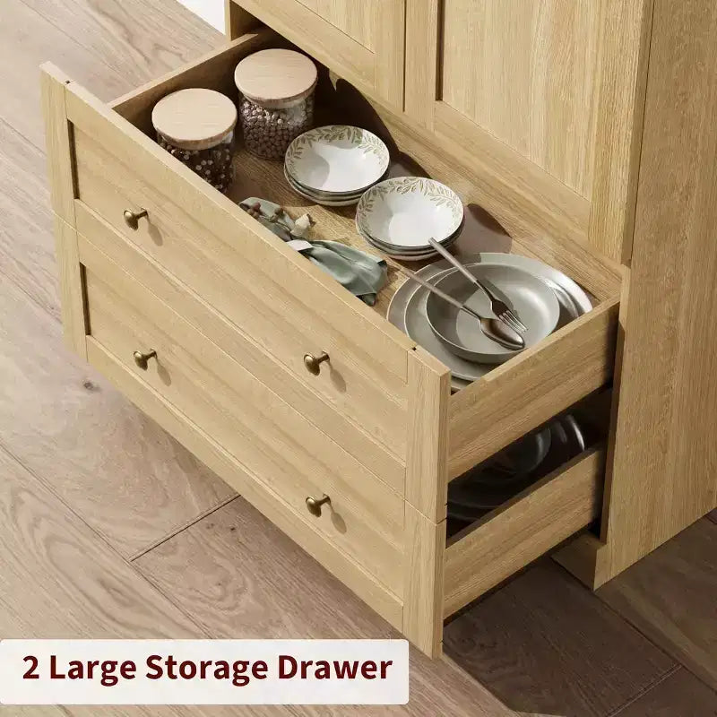 72 Tall Kitchen Pantry Cabinet with Wood/Glass Doors & Drawers, Wood Arch Storage Shelves, Farmhouse Freestanding Large Cupboard for Dining
