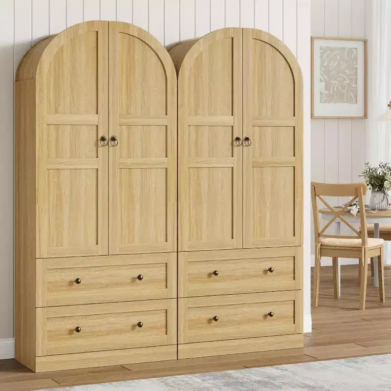 72 Tall Kitchen Pantry Cabinet with Wood/Glass Doors & Drawers, Wood Arch Storage Shelves, Farmhouse Freestanding Large Cupboard for Dining