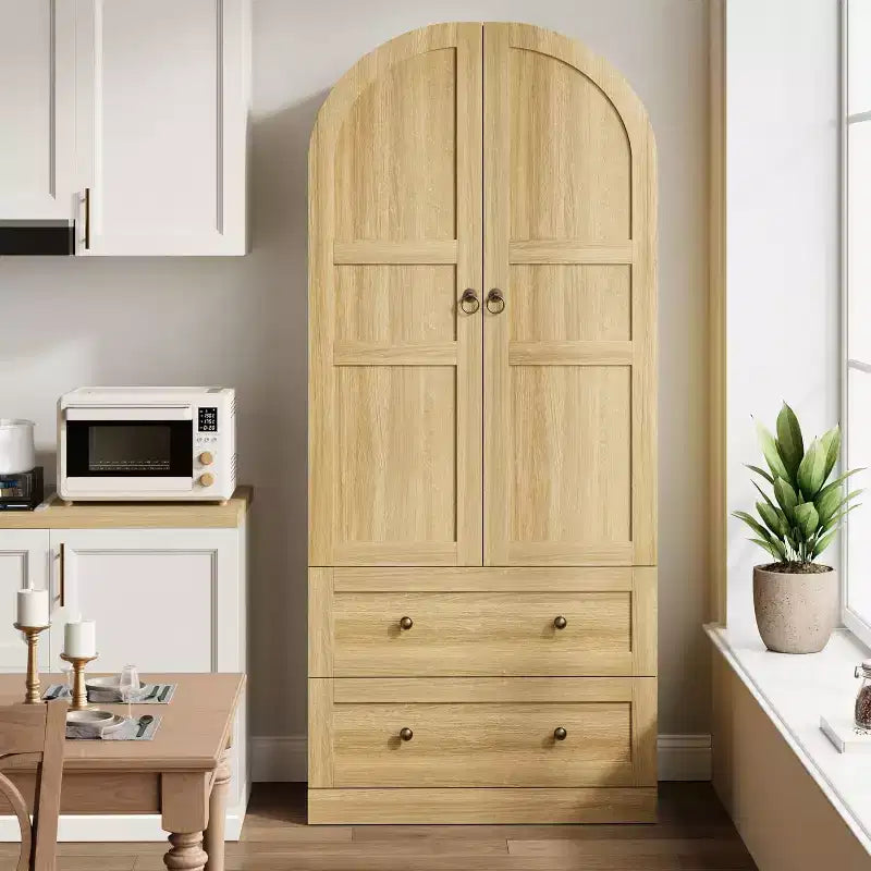 72 Tall Kitchen Pantry Cabinet with Wood/Glass Doors & Drawers, Wood Arch Storage Shelves, Farmhouse Freestanding Large Cupboard for Dining