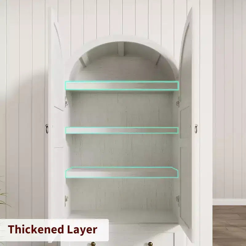 72 Tall Kitchen Pantry Cabinet with Wood/Glass Doors & Drawers, Wood Arch Storage Shelves, Farmhouse Freestanding Large Cupboard for Dining