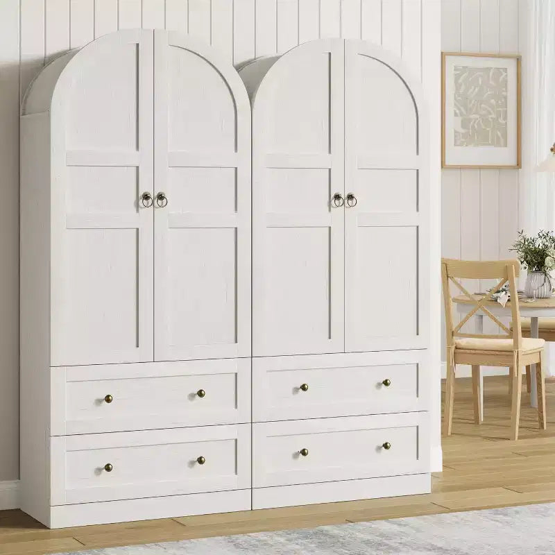 72 Tall Kitchen Pantry Cabinet with Wood/Glass Doors & Drawers, Wood Arch Storage Shelves, Farmhouse Freestanding Large Cupboard for Dining