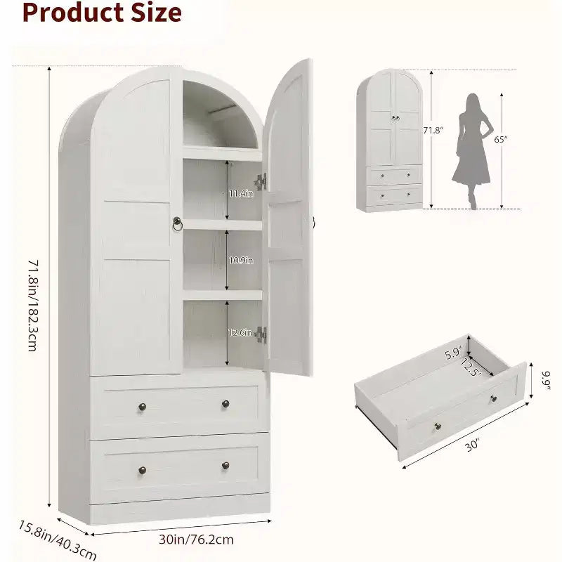 72 Tall Kitchen Pantry Cabinet with Wood/Glass Doors & Drawers, Wood Arch Storage Shelves, Farmhouse Freestanding Large Cupboard for Dining