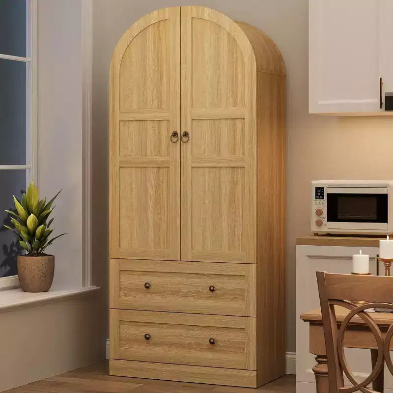 72 Tall Kitchen Pantry Cabinet with Wood/Glass Doors & Drawers, Wood Arch Storage Shelves, Farmhouse Freestanding Large Cupboard for Dining